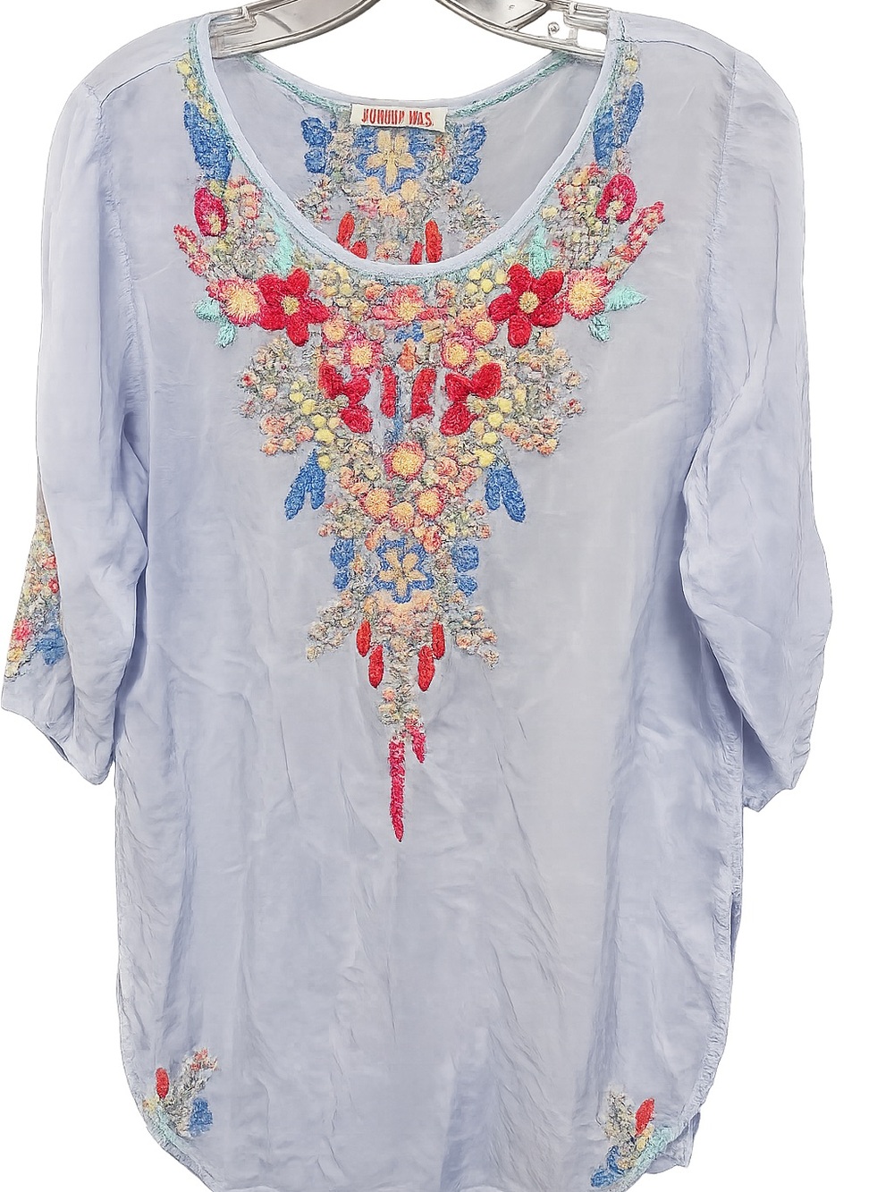 Johnny Was Light Blue Embroidered Floral Tunic Top